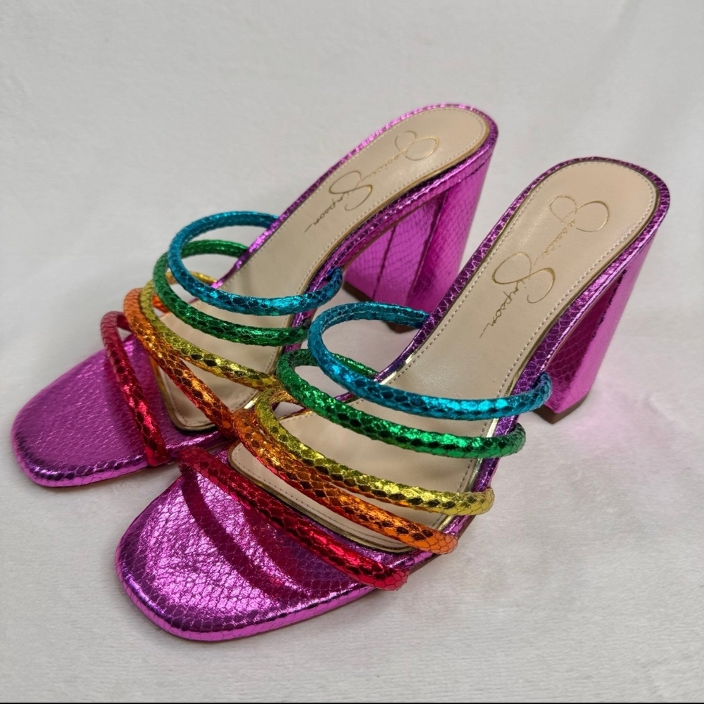 Jessica Simpson Metallic Pink Block Heel Sandals with Rainbow Strappy Accents